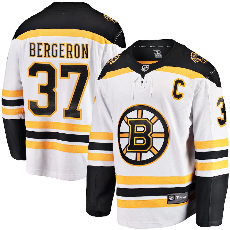 Men Boston Bruins 37 Patrice Bergeron Fanatics Branded White Away Captain Premier Breakaway Player NHL Jersey